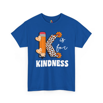 “Teezoca blue K is for Kindness kindness campaign shirt, teacher leopard K letter, school pencil, classroom heart and flower print, front display”

