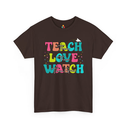 “Teezoca brown Teach Love Watch Them Grow shirt, playful rainbow teacher appreciation theme, front view”

