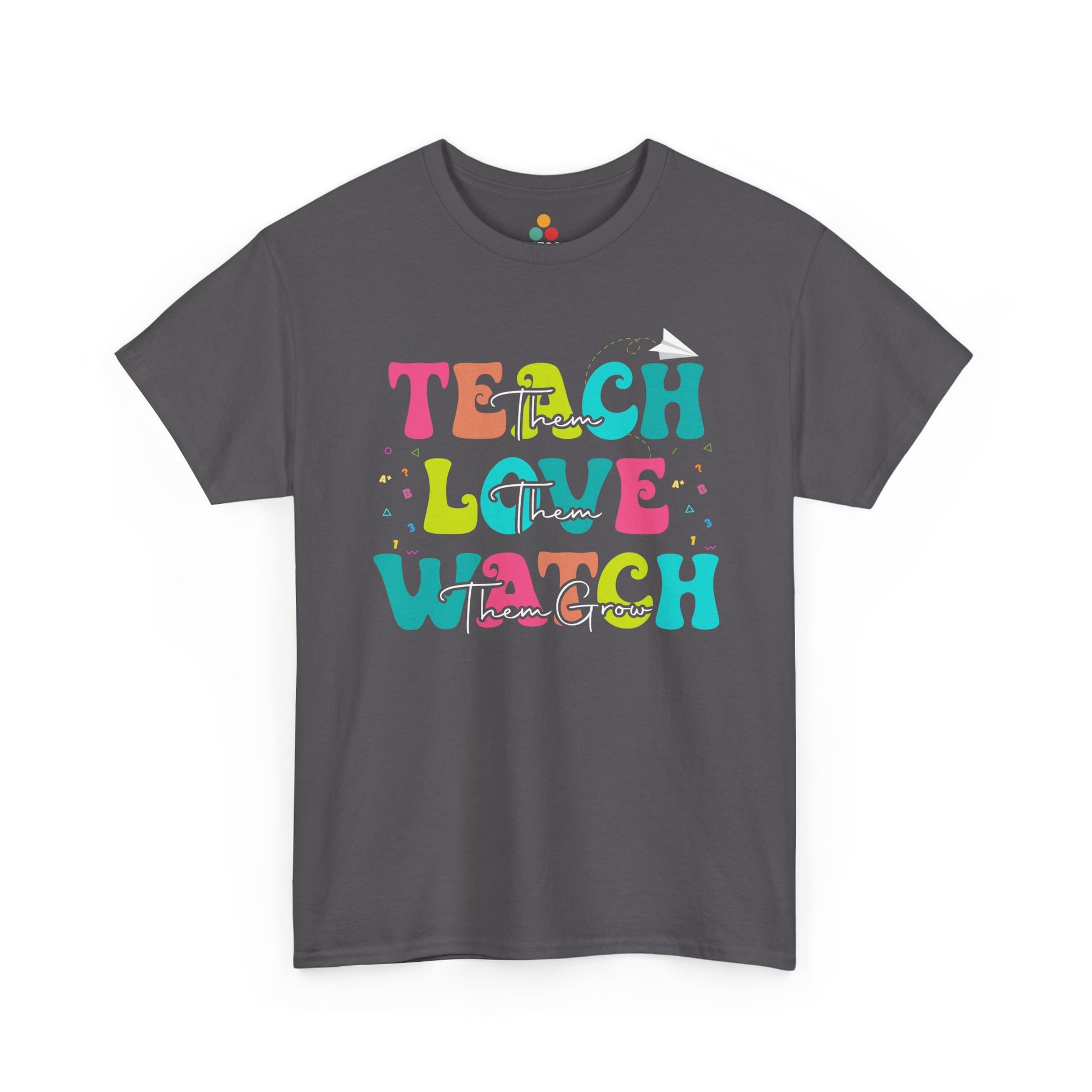 “Teezoca gray Teach Love Watch Them Grow tee, rainbow block letters, student teacher gift idea, front view”

