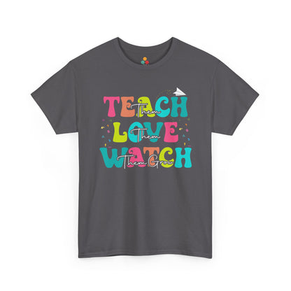 “Teezoca gray Teach Love Watch Them Grow tee, rainbow block letters, student teacher gift idea, front view”

