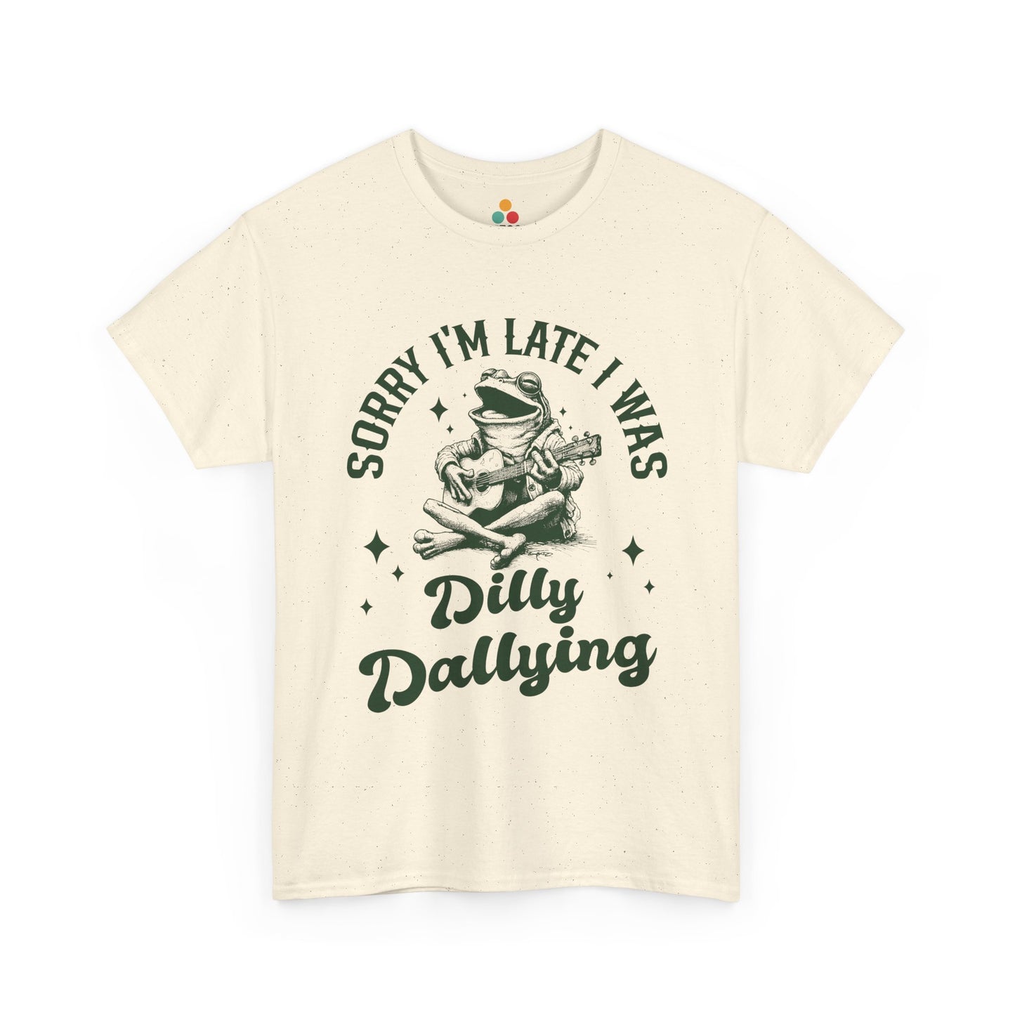 “Teezoca light blue Sorry I’m Late I Was Dilly Dallying shirt, vintage frog playing guitar, whimsical late humor, procrastinator joke tee, front”

