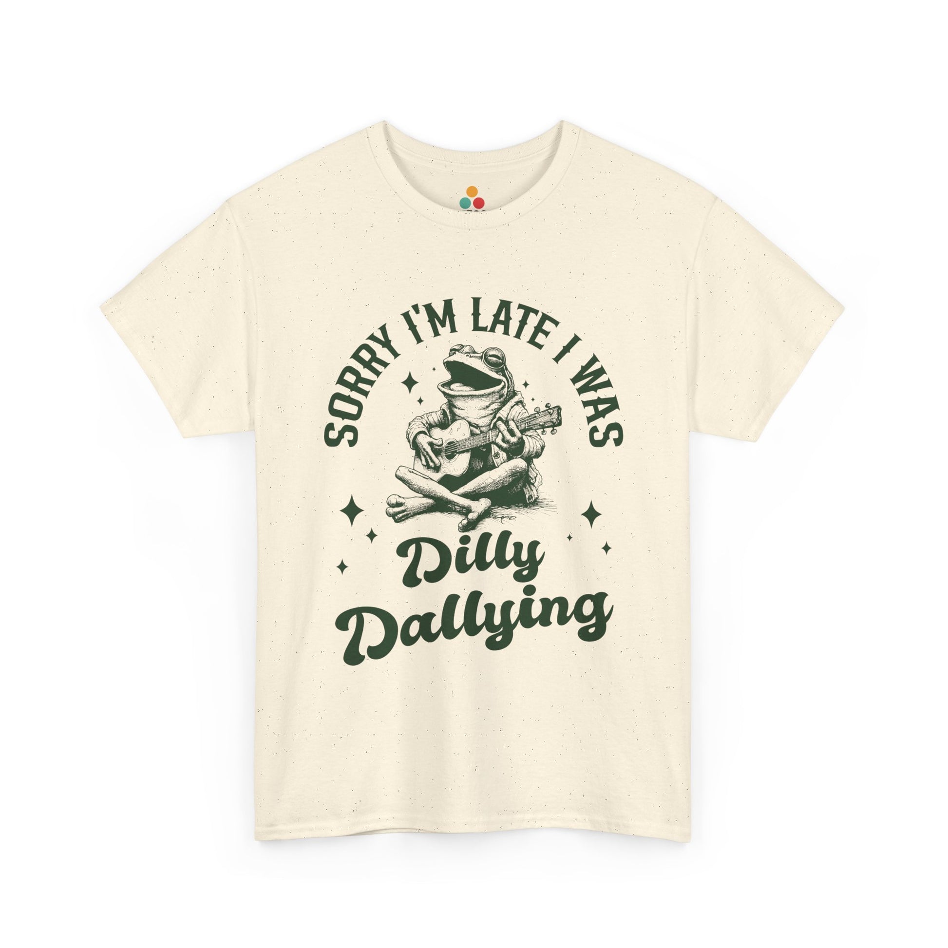 “Teezoca light blue Sorry I’m Late I Was Dilly Dallying shirt, vintage frog playing guitar, whimsical late humor, procrastinator joke tee, front”

