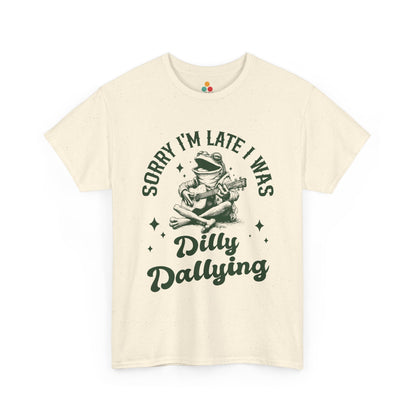 “Teezoca light blue Sorry I’m Late I Was Dilly Dallying shirt, vintage frog playing guitar, whimsical late humor, procrastinator joke tee, front”

