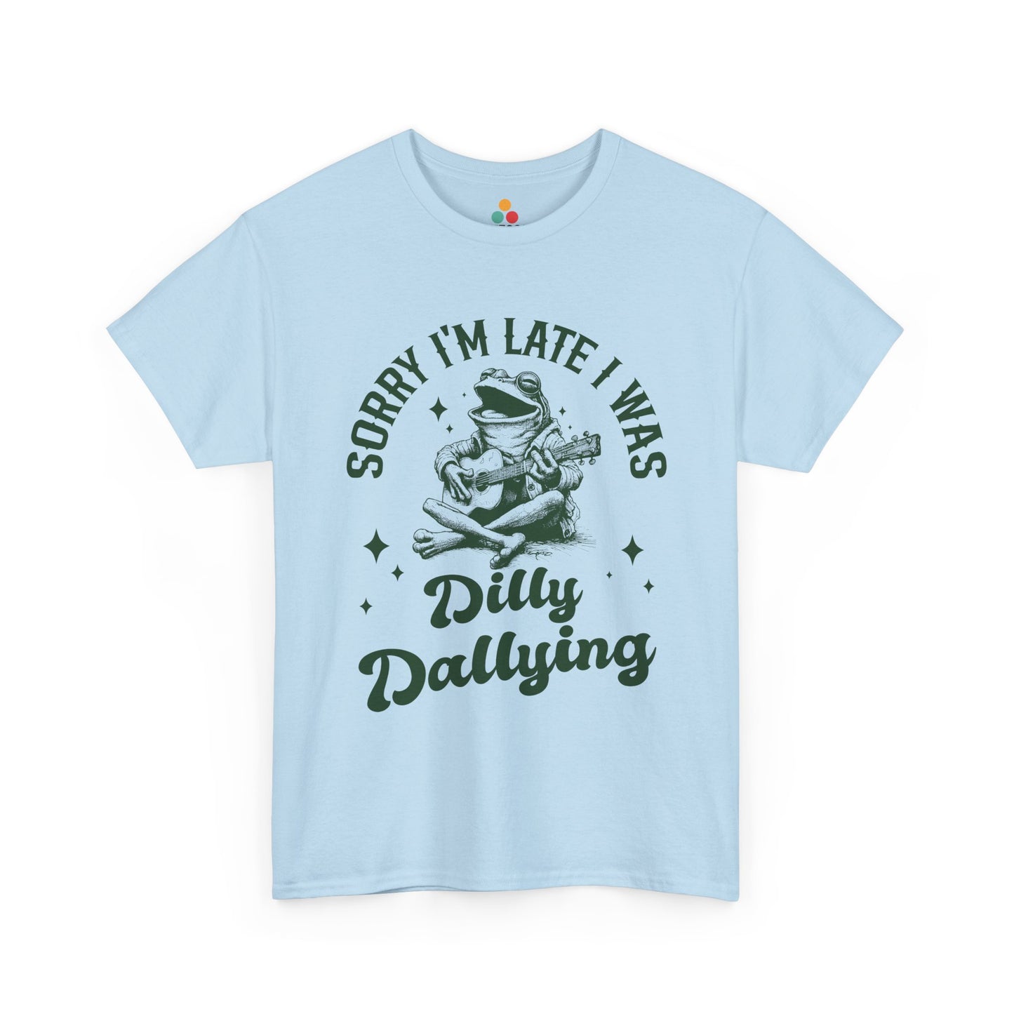 “Teezoca light pink Sorry I’m Late I Was Dilly Dallying frog guitar shirt, retro procrastination humor, white background tee, front design”

