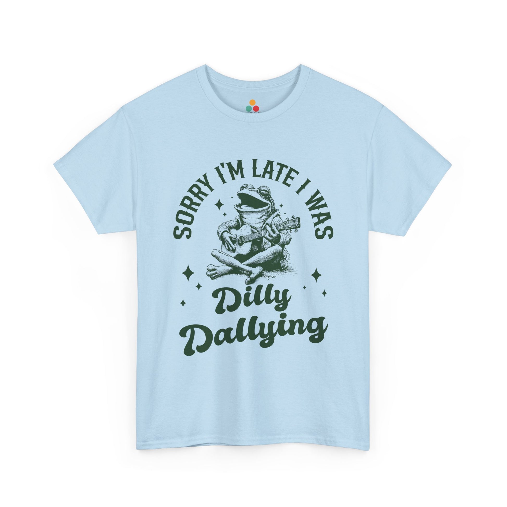 “Teezoca light pink Sorry I’m Late I Was Dilly Dallying frog guitar shirt, retro procrastination humor, white background tee, front design”

