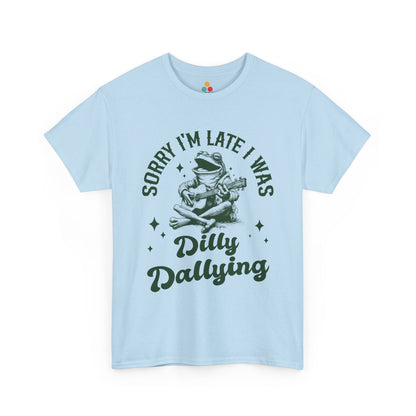 “Teezoca light pink Sorry I’m Late I Was Dilly Dallying frog guitar shirt, retro procrastination humor, white background tee, front design”

