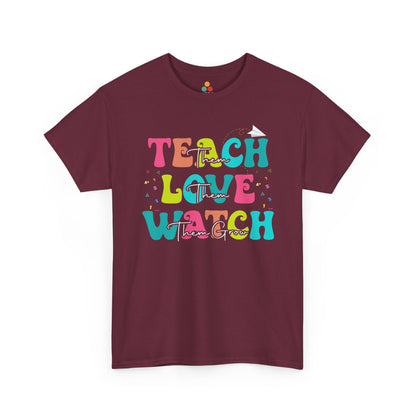 “Teezoca maroon Teach Love Watch Them Grow shirt, retro color block letters, back to school teacher graphic, front display”

