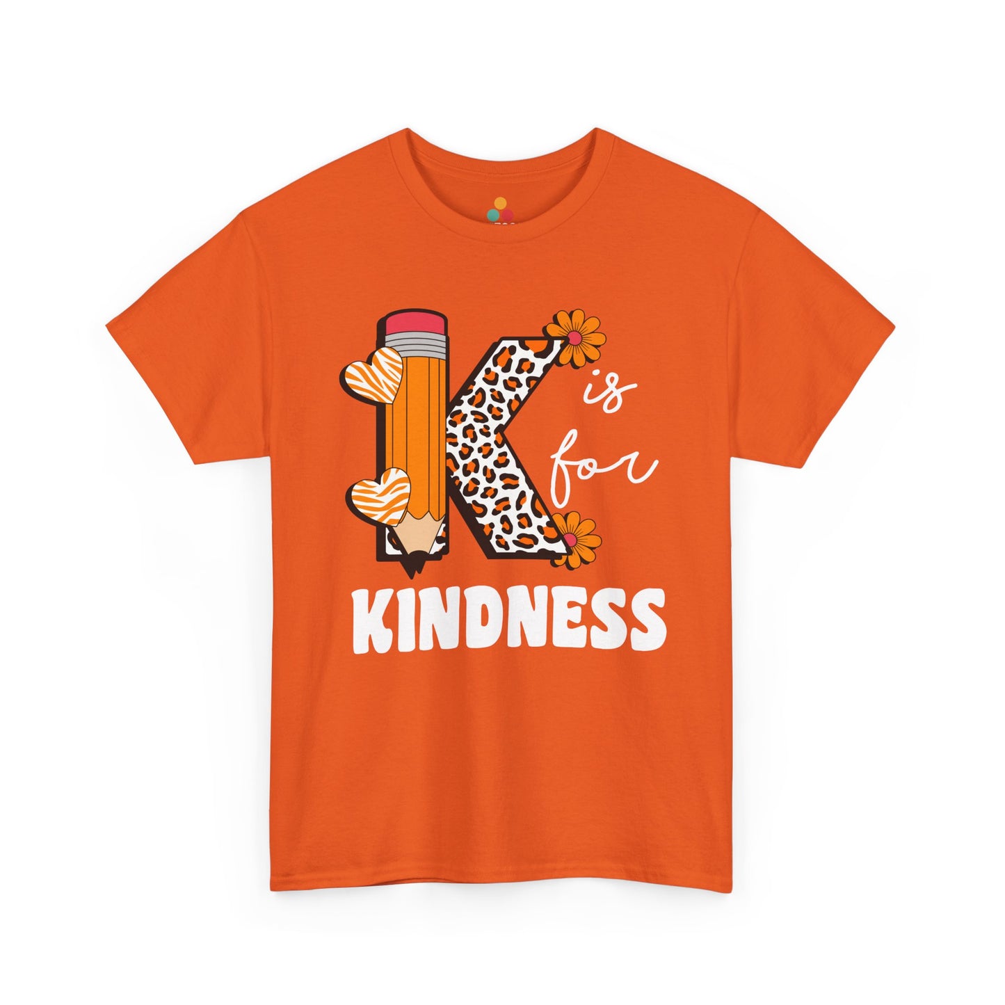 “Teezoca orange K is for Kindness shirt, leopard print K with pencil and flower accents, teacher appreciation kindness graphic, front view”

