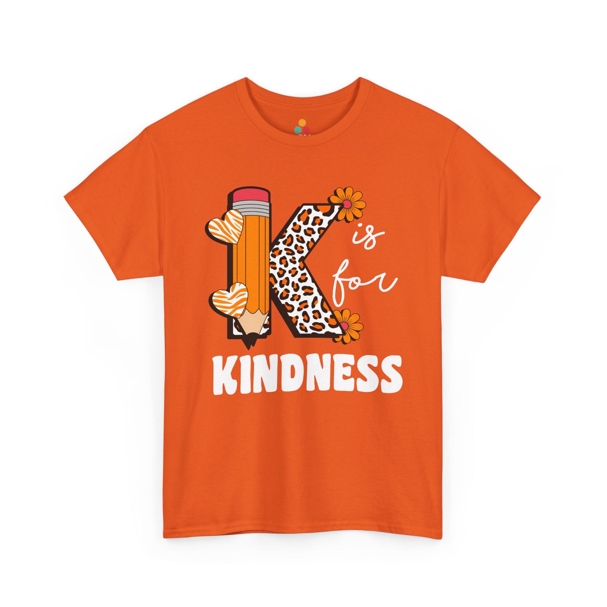 “Teezoca orange K is for Kindness shirt, leopard print K with pencil and flower accents, teacher appreciation kindness graphic, front view”

