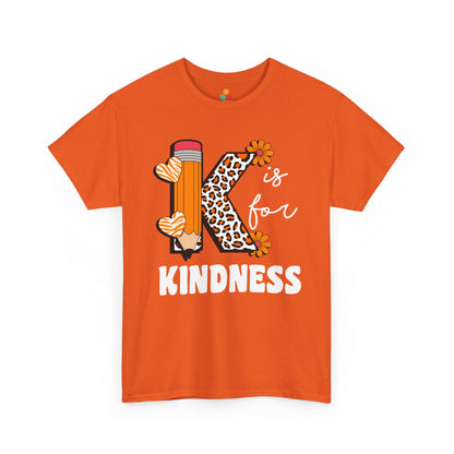 “Teezoca orange K is for Kindness shirt, leopard print K with pencil and flower accents, teacher appreciation kindness graphic, front view”

