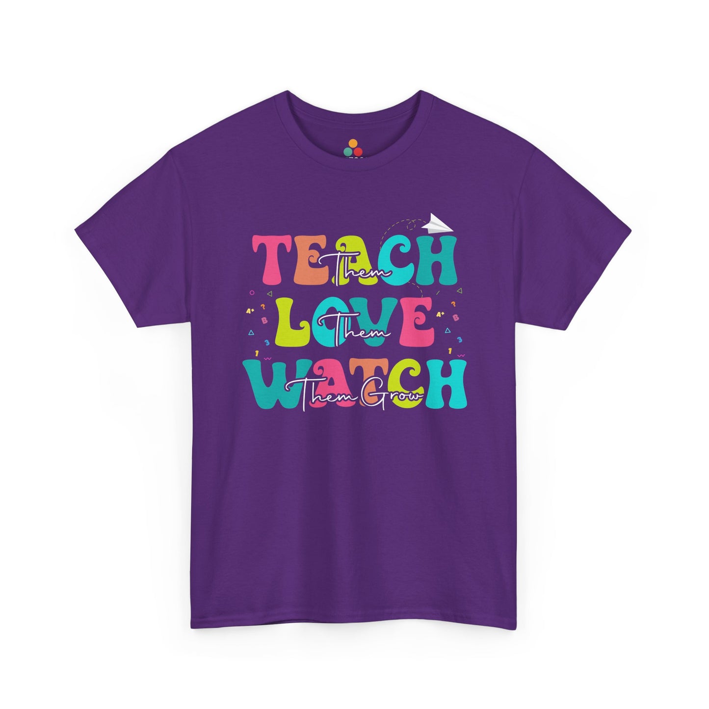 “Teezoca purple Teach Love Watch Them Grow t-shirt, classroom rainbow color block, teacher appreciation gift, front display”
