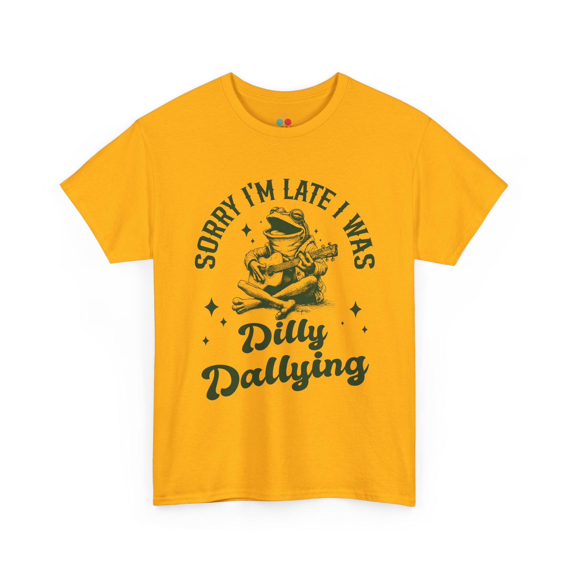“Teezoca yellow Sorry I’m Late I Was Dilly Dallying frog guitar procrastination tee, funny lateness meme shirt, vintage illustration, front”

