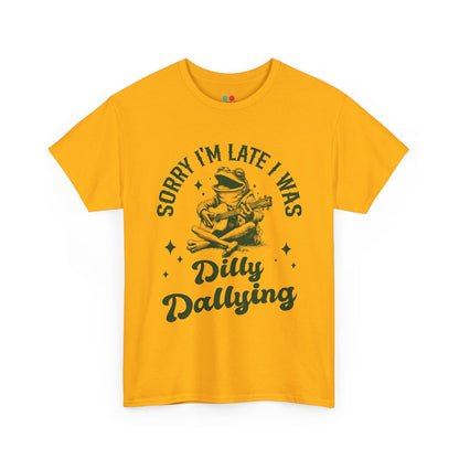 “Teezoca yellow Sorry I’m Late I Was Dilly Dallying frog guitar procrastination tee, funny lateness meme shirt, vintage illustration, front”

