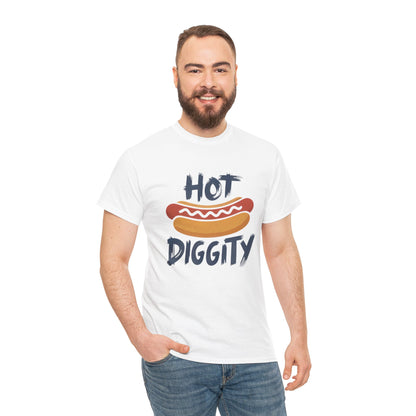 This TEEZOCA T-shirt shows a Cute Hot Dog Shirt with a Hot Diggity Shirt slogan and playful red, yellow, and navy artwork.
