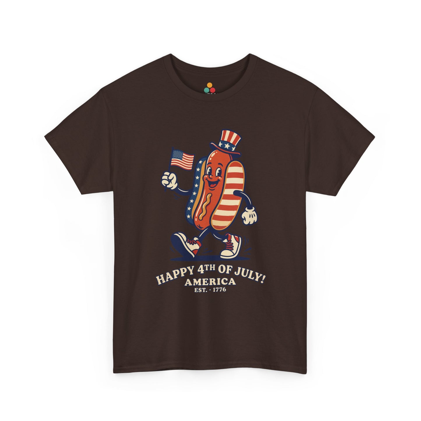 Title Happy 4th of July Cartoon Hot Dog dark chocolate brown T-Shirt – Funny Patriotic Gift for Men and Women | TEEZOCA 