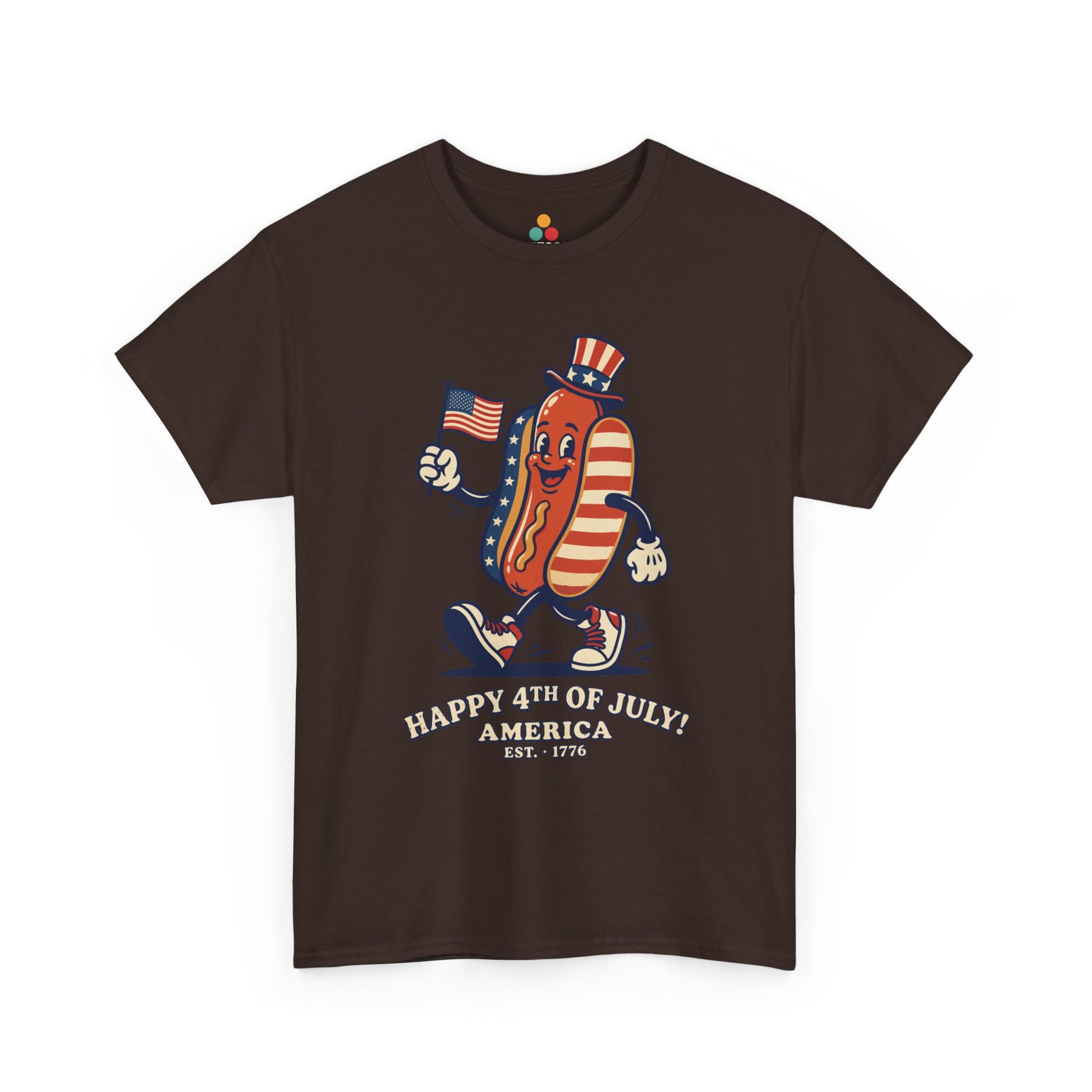 Title Happy 4th of July Cartoon Hot Dog dark chocolate brown T-Shirt – Funny Patriotic Gift for Men and Women | TEEZOCA 
