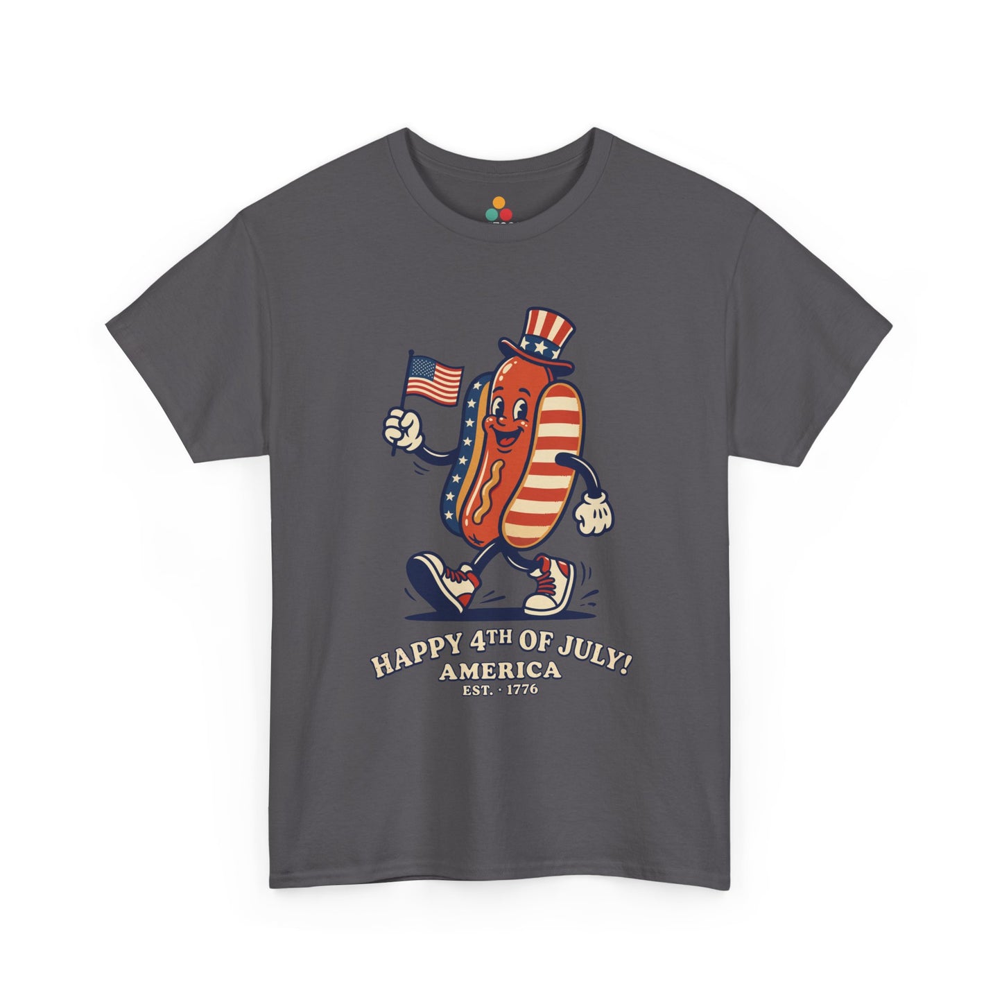 Title Happy 4th of July Cartoon Hot Dog dark grey T-Shirt – Funny Patriotic Gift for Men and Women | TEEZOCA 
