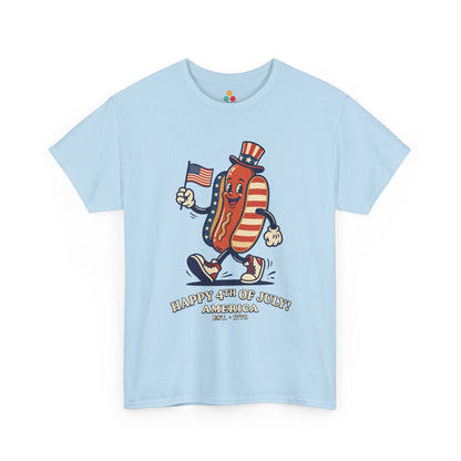 Title Happy 4th of July Cartoon Hot Dog light blue T-Shirt – Funny Patriotic Gift for Men and Women | TEEZOCA 