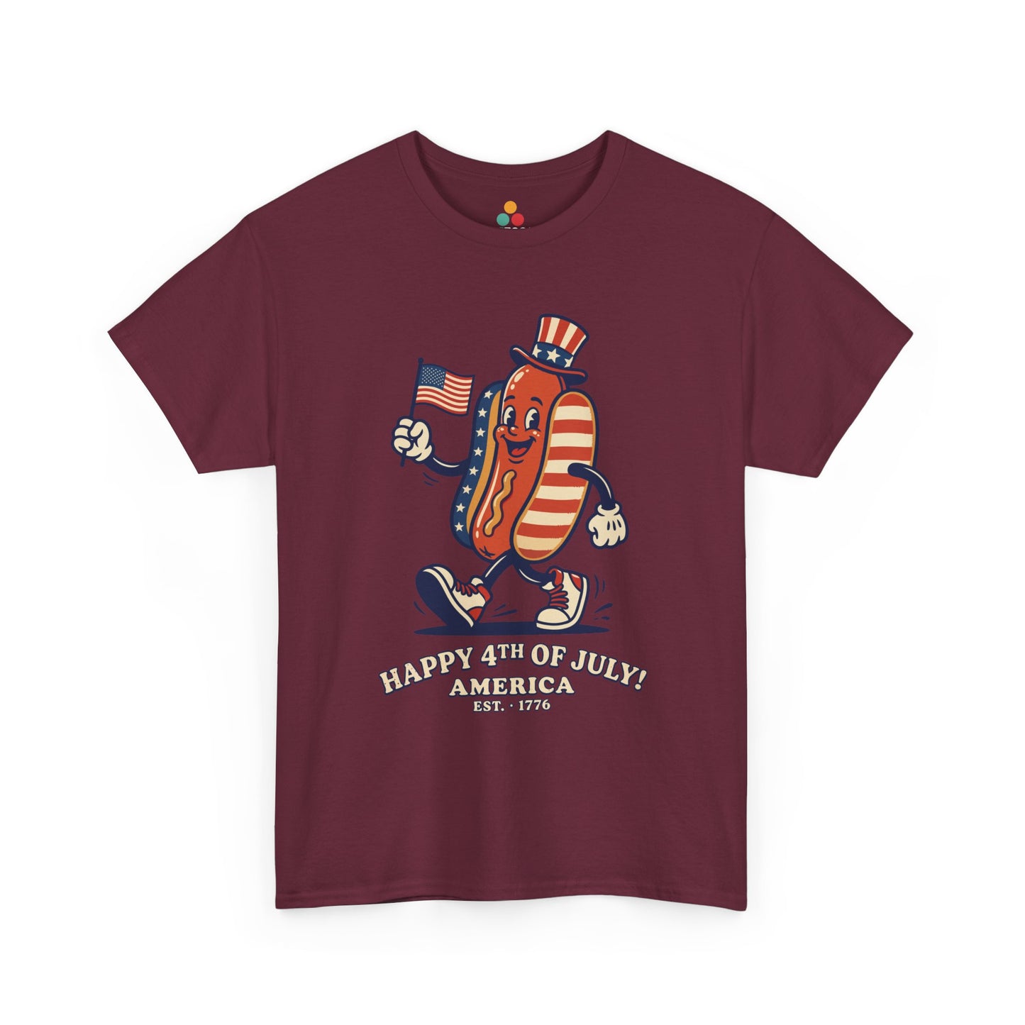 Title Happy 4th of July Cartoon Hot Dog maroon burgundy T-Shirt – Funny Patriotic Gift for Men and Women | TEEZOCA 