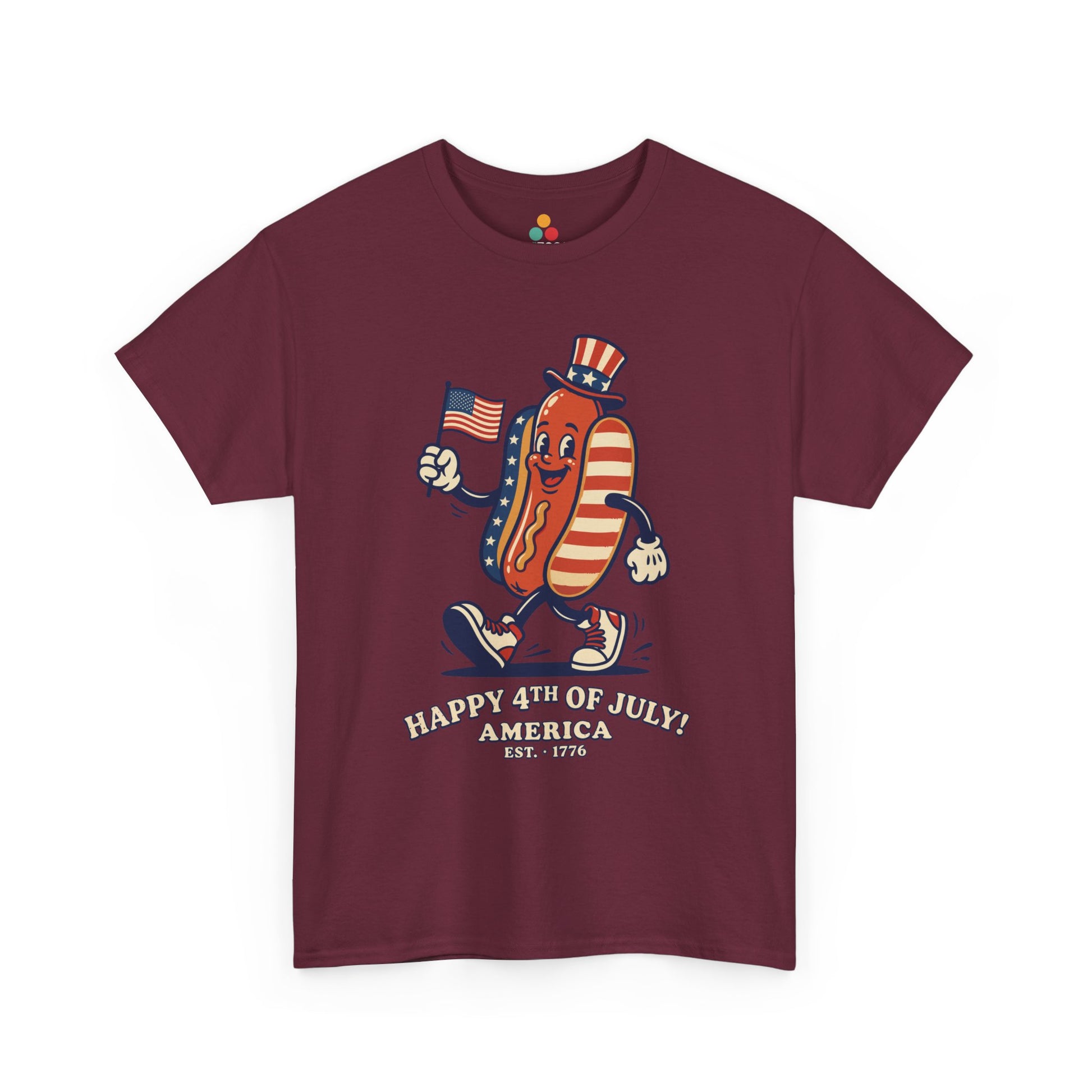 Title Happy 4th of July Cartoon Hot Dog maroon burgundy T-Shirt – Funny Patriotic Gift for Men and Women | TEEZOCA 