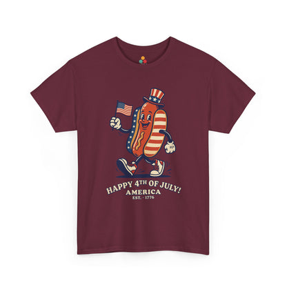 Title Happy 4th of July Cartoon Hot Dog maroon burgundy T-Shirt – Funny Patriotic Gift for Men and Women | TEEZOCA 