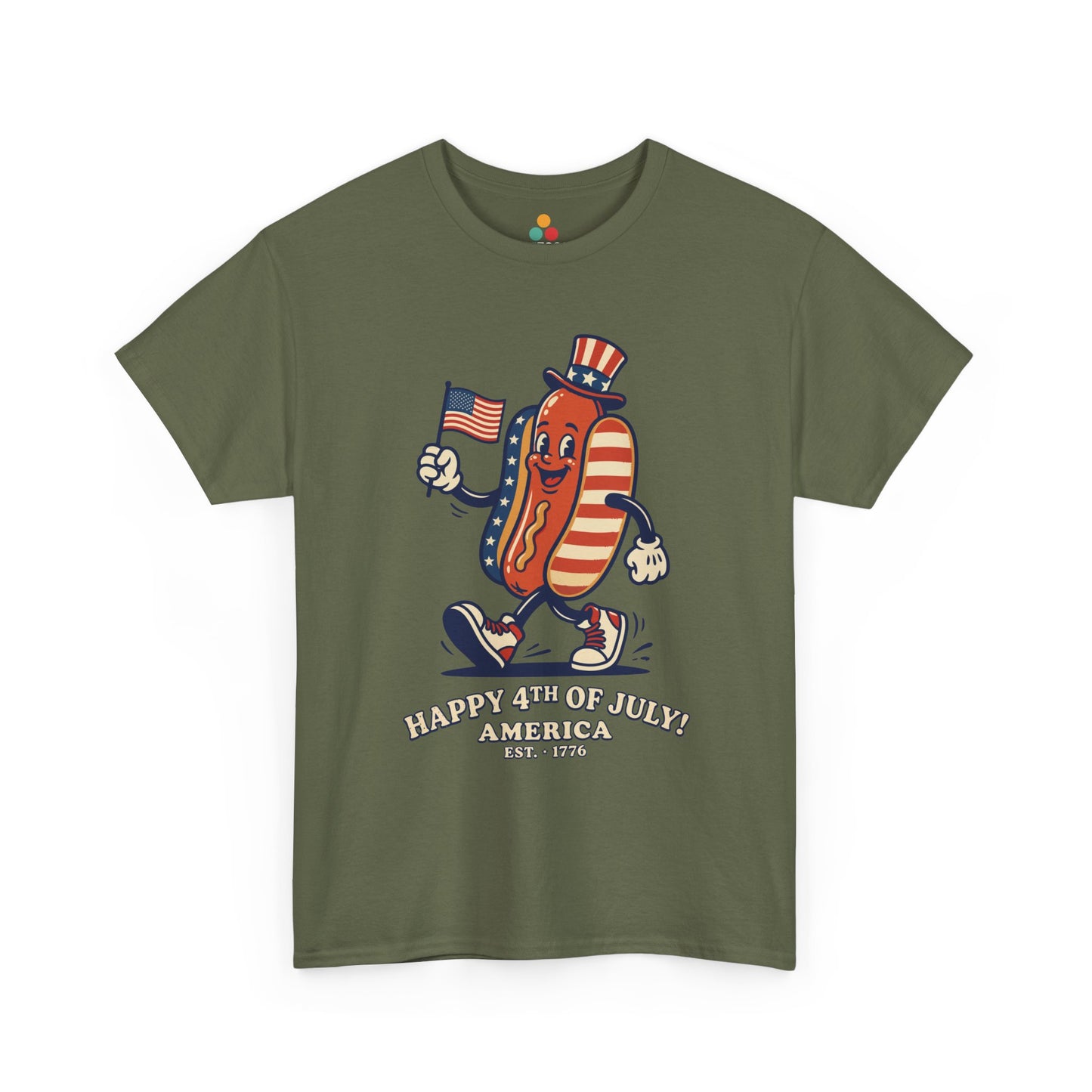 Title Happy 4th of July Cartoon Hot Dog military olive green T-Shirt – Funny Patriotic Gift for Men and Women | TEEZOCA 