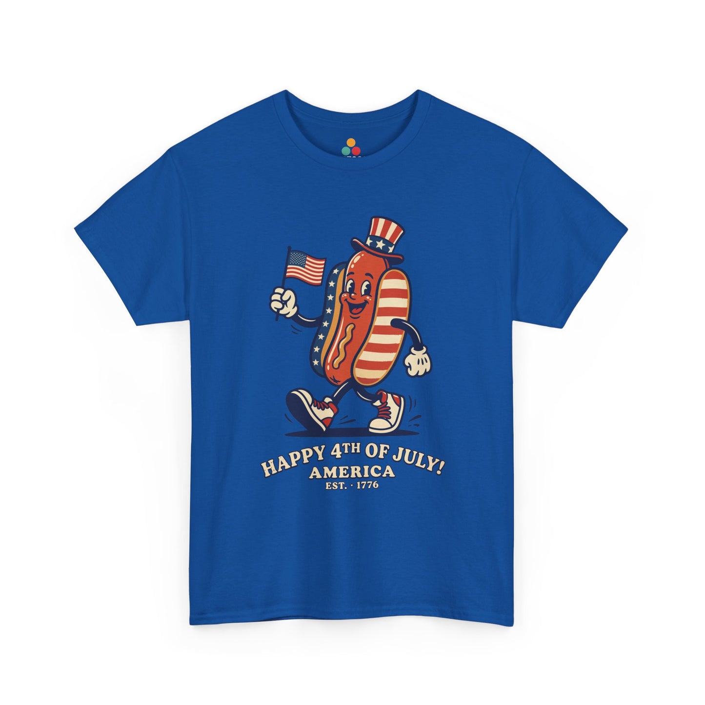Title Happy 4th of July Cartoon Hot Dog royal blue T-Shirt – Funny Patriotic Gift for Men and Women | TEEZOCA 