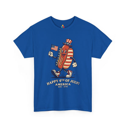 Title Happy 4th of July Cartoon Hot Dog royal blue T-Shirt – Funny Patriotic Gift for Men and Women | TEEZOCA 