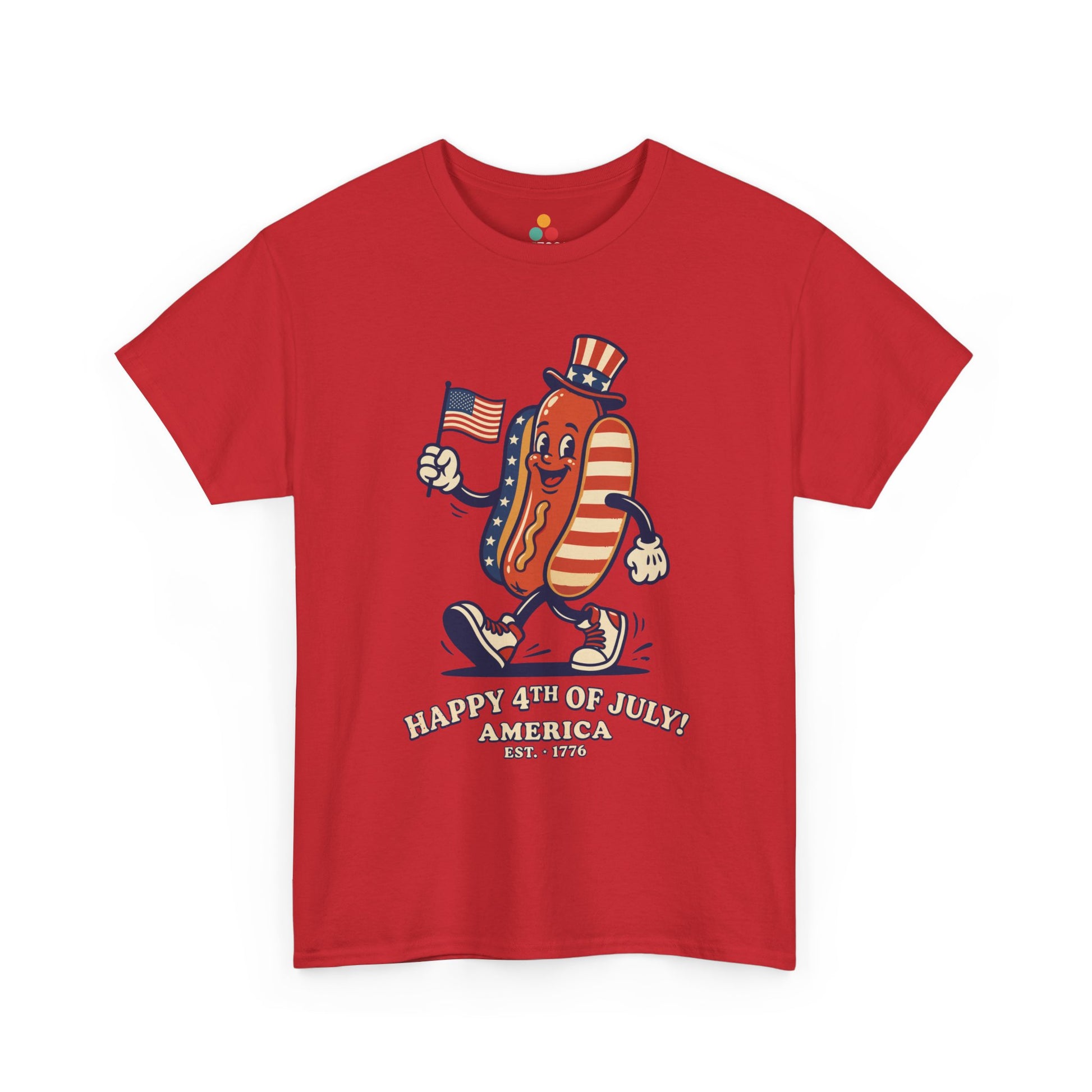 Title Happy 4th of July Cartoon Hot Dog vibrant red T-Shirt – Funny Patriotic Gift for Men and Women | TEEZOCA 