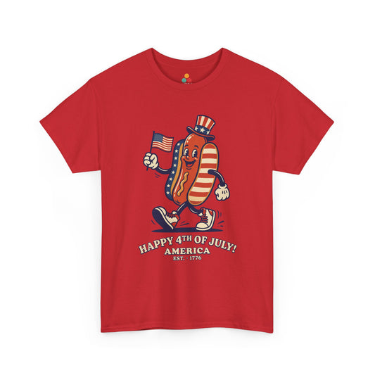 Title Happy 4th of July Cartoon Hot Dog vibrant red T-Shirt – Funny Patriotic Gift for Men and Women | TEEZOCA 