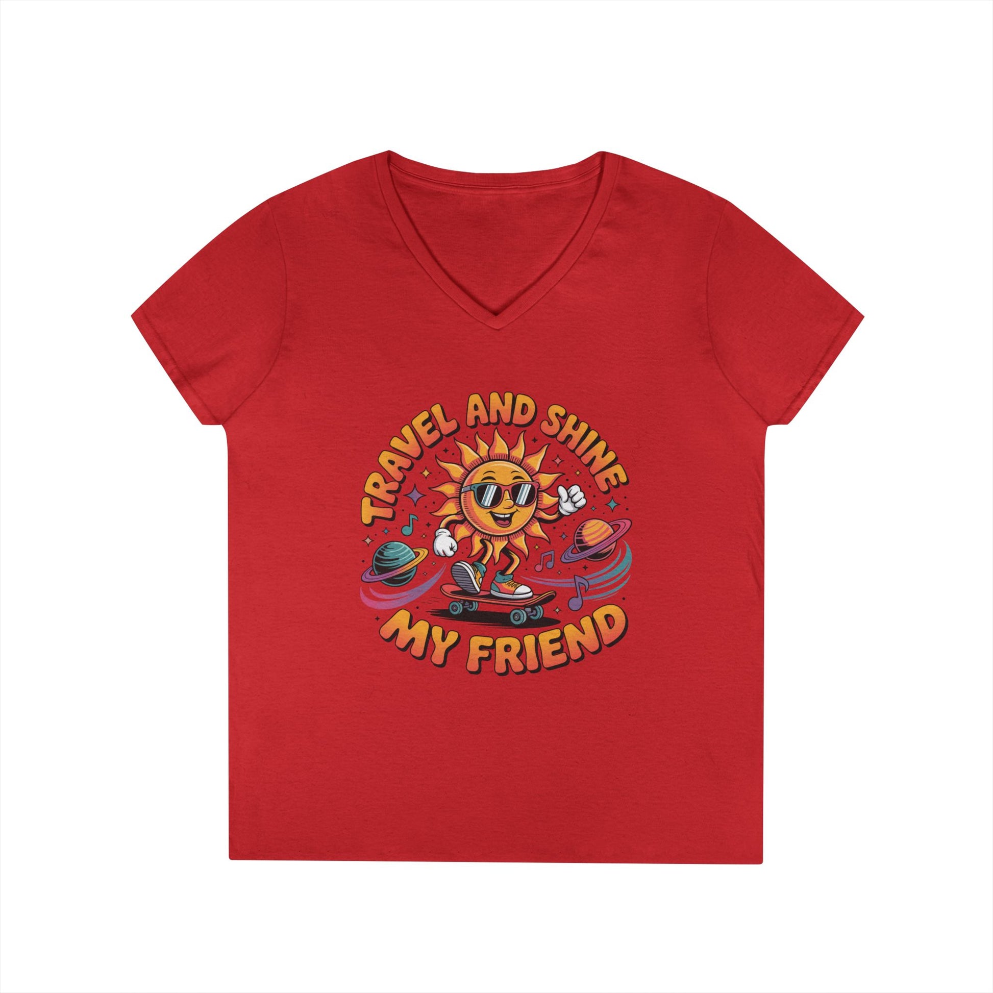 Travel and Shine Graphic Women’s V-Neck T-Shirt Retro Sun Design | TEEZOCA 