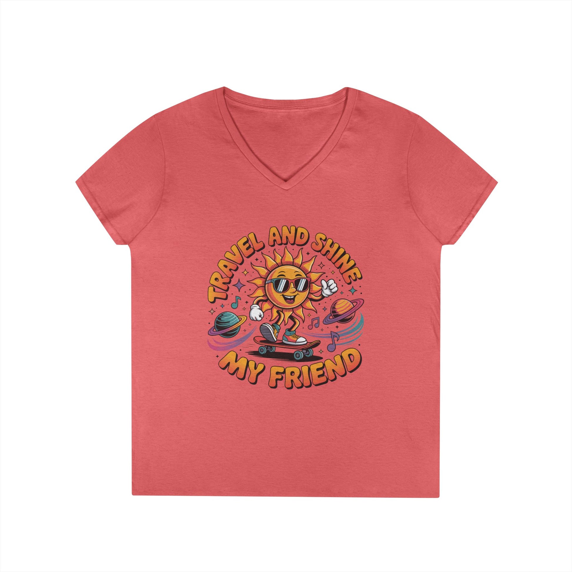 Travel and Shine Graphic Women’s V-Neck T-Shirt Retro Sun Design | TEEZOCA 
