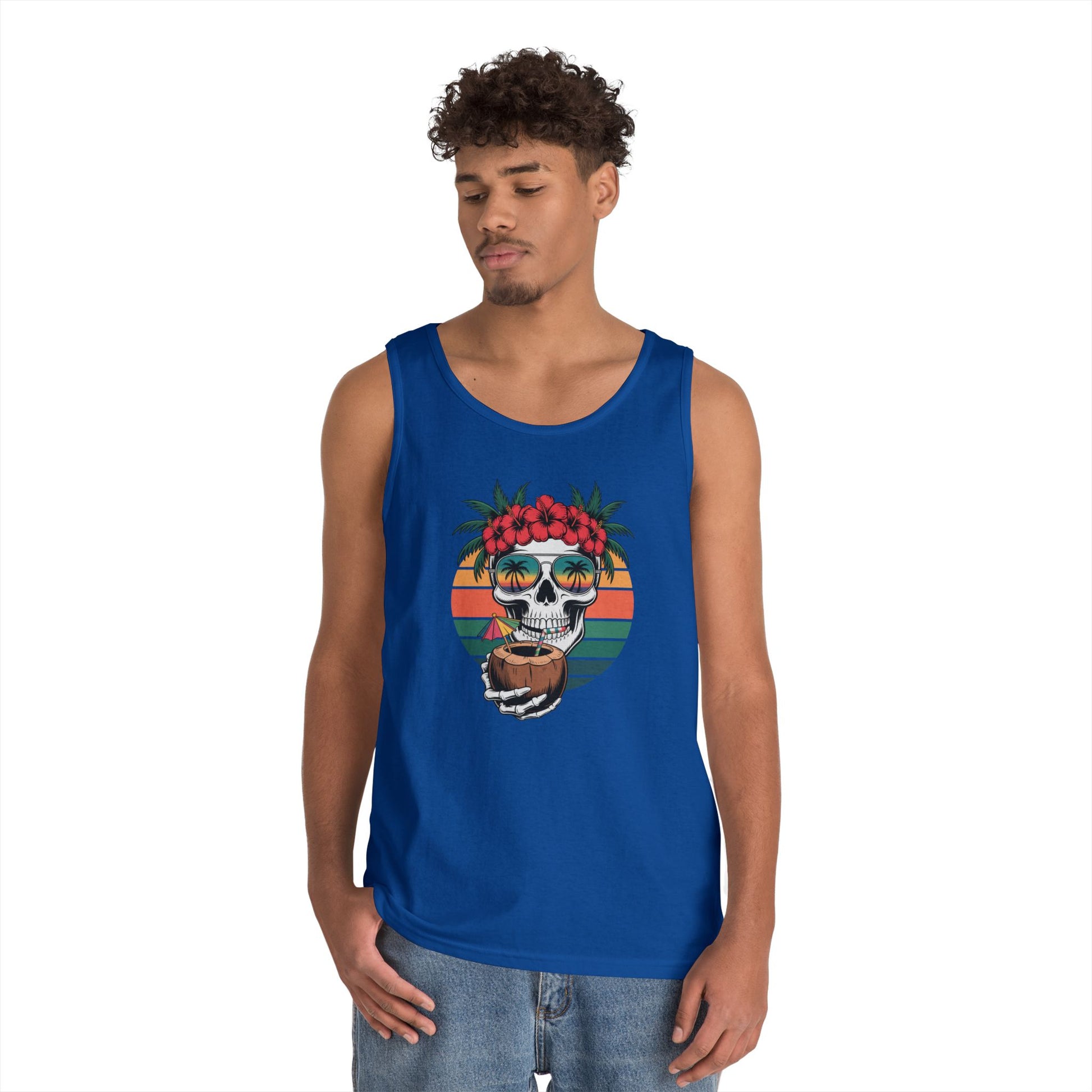 Tropical Skull Unisex Tank Top – Summer Beach Vibes Graphic Streetwear | TEEZOCA bold streetwear Unisex Tank Top with tropical skull illustration