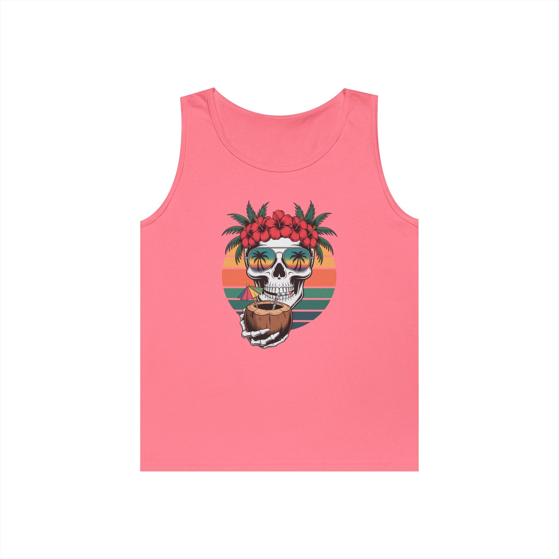 Tropical Skull Unisex Tank Top – Summer Beach Vibes Graphic Streetwear | TEEZOCA tropical skull Unisex Tank Top with sunglasses and beach sunset design