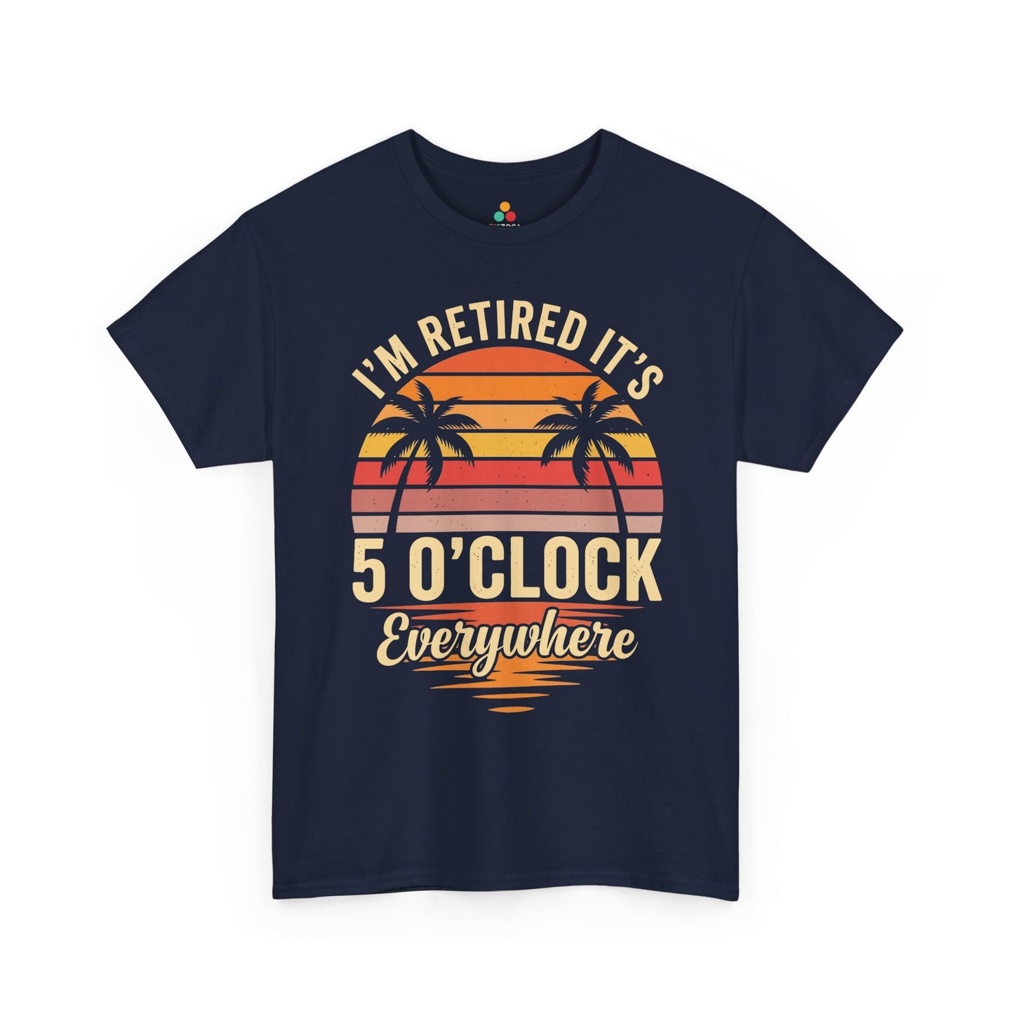 Tropical TEEZOCA t-shirt for retirement gifts for dad, featuring palm trees and a relaxed 5 o'clock somewhere shirt theme.
