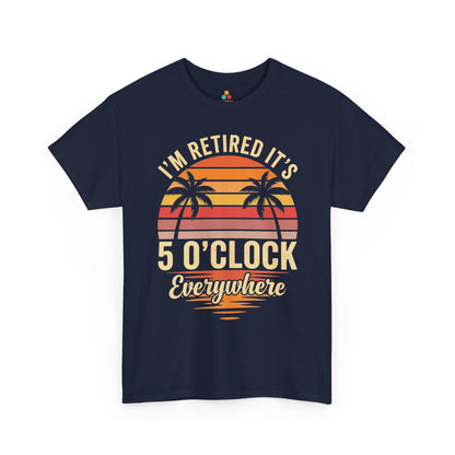 Tropical TEEZOCA t-shirt for retirement gifts for dad, featuring palm trees and a relaxed 5 o'clock somewhere shirt theme.
