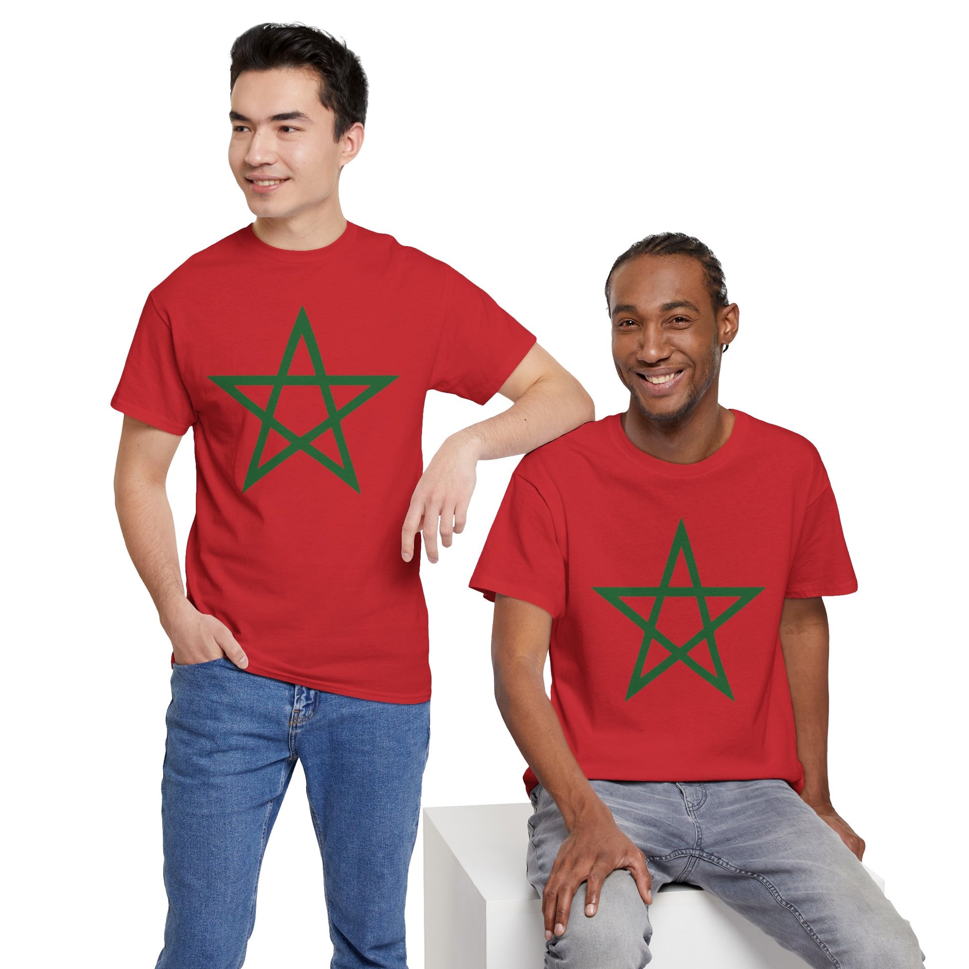 Two men wearing vibrant red TEEZOCA Moroccan soccer supporter t-shirts in a casual lifestyle setting. Classic Morocco Flag Shirt Moroccan Soccer Supporter Gift for Men and Women