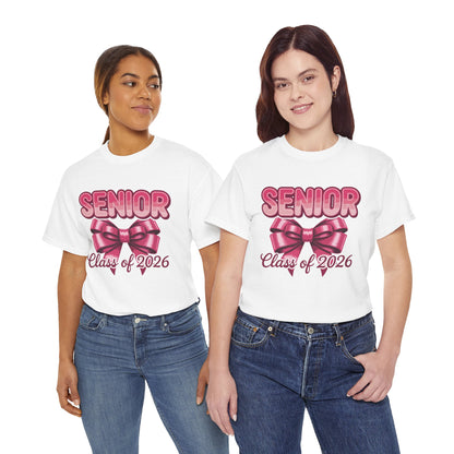 Two students wearing matching white TEEZOCA Senior Class of 2026 pink bow t‑shirts.