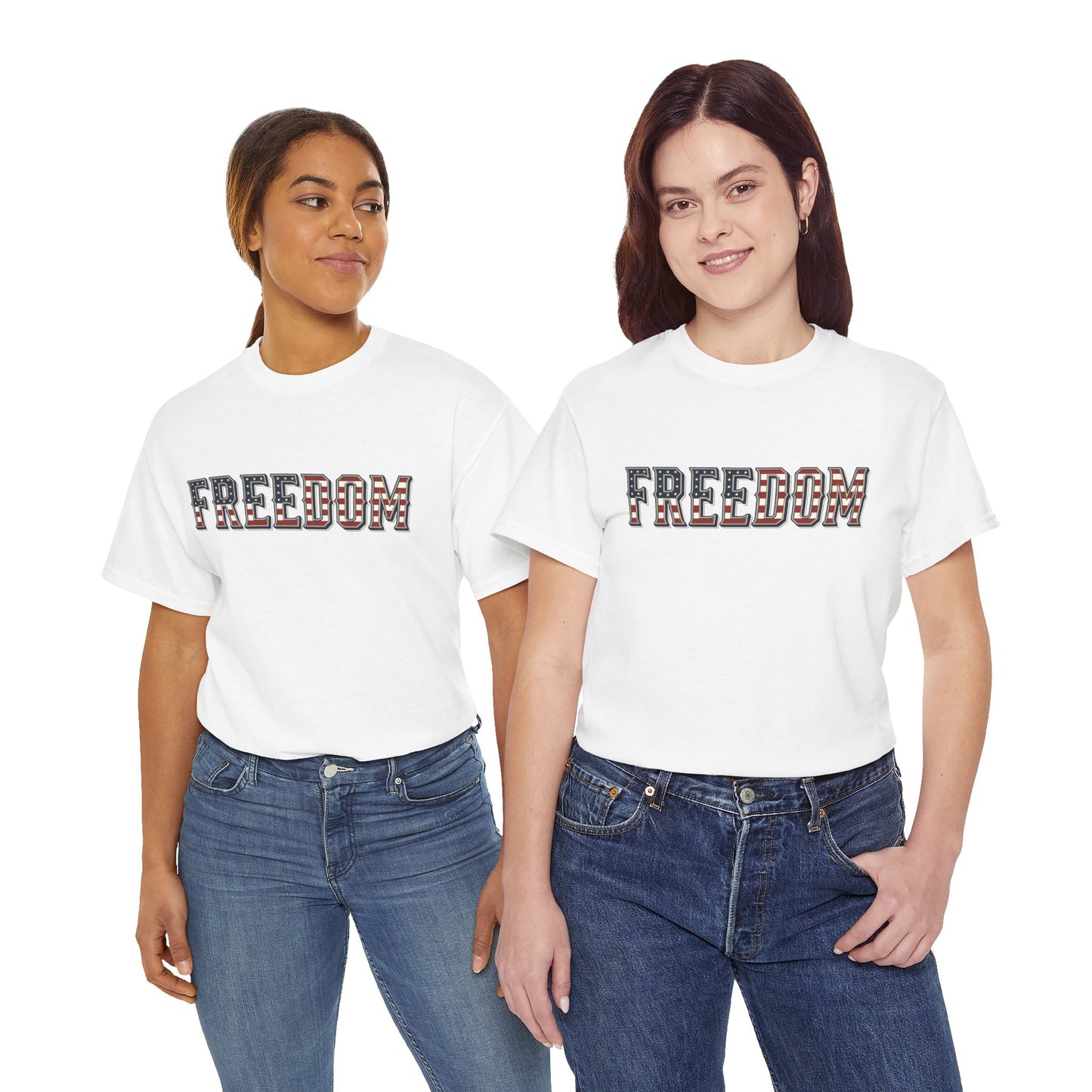 Two women Wearing TEEZOCA American Flag Freedom White T-Shirt – Retro Patriotic Gift for Men and Women