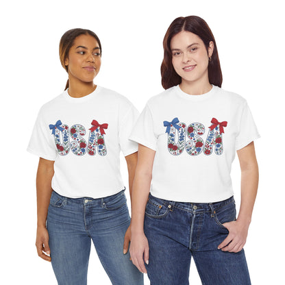 Two women wearing Floral Bow Wildflower USA white T-Shirt – Cute Patriotic Gift for Women | TEEZOCA 