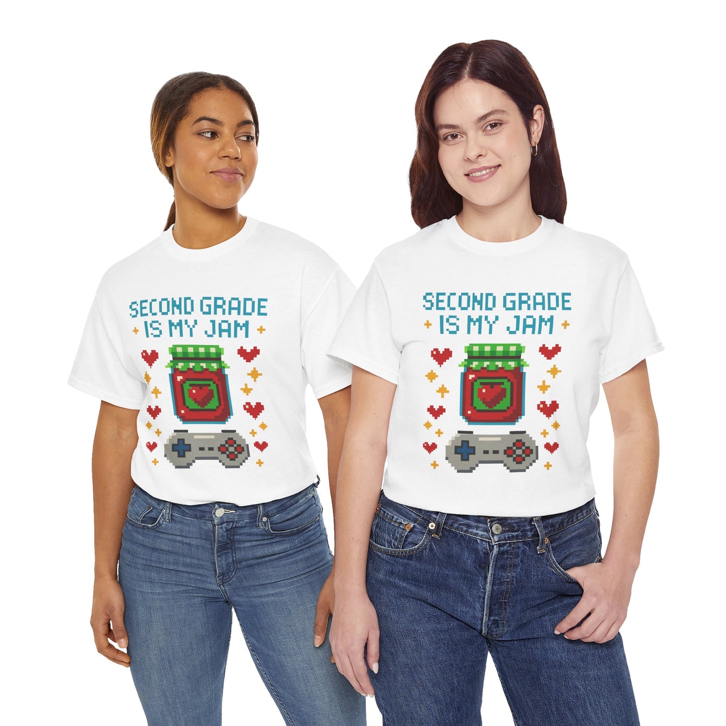 Two women wearing TEEZOCA Second Grade Is My Jam Gamer white T-Shirt – Back to School Teacher Gift