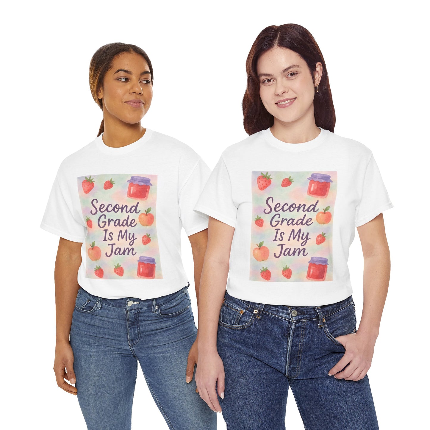 Two women wearing TEEZOCA Second Grade Is My Jam Watercolor White T-Shirt Cute Teacher Appreciation Gift for Women