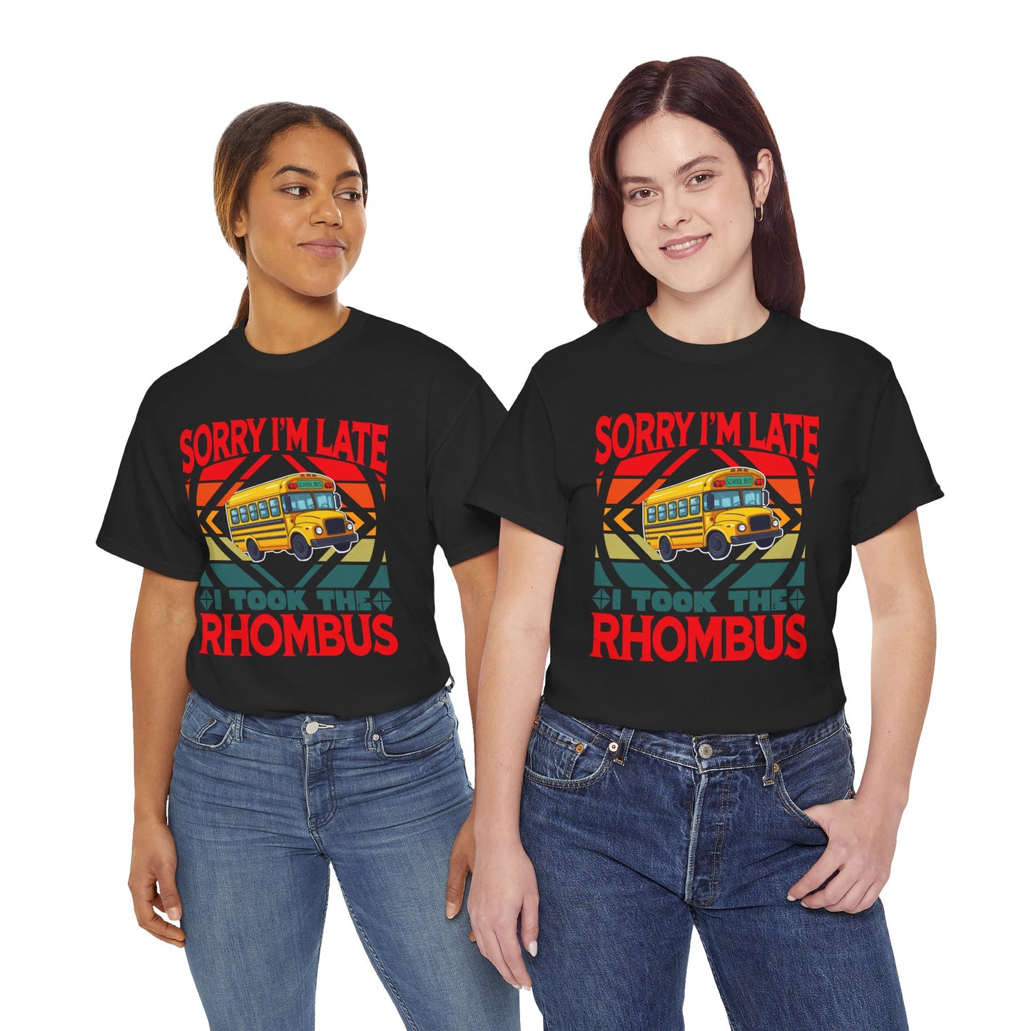Two women wearing black TEEZOCA retro school bus math pun t-shirts Sorry I'm Late I Took The Rhombus Funny T-Shirt Retro Geometry Math Teacher Gift