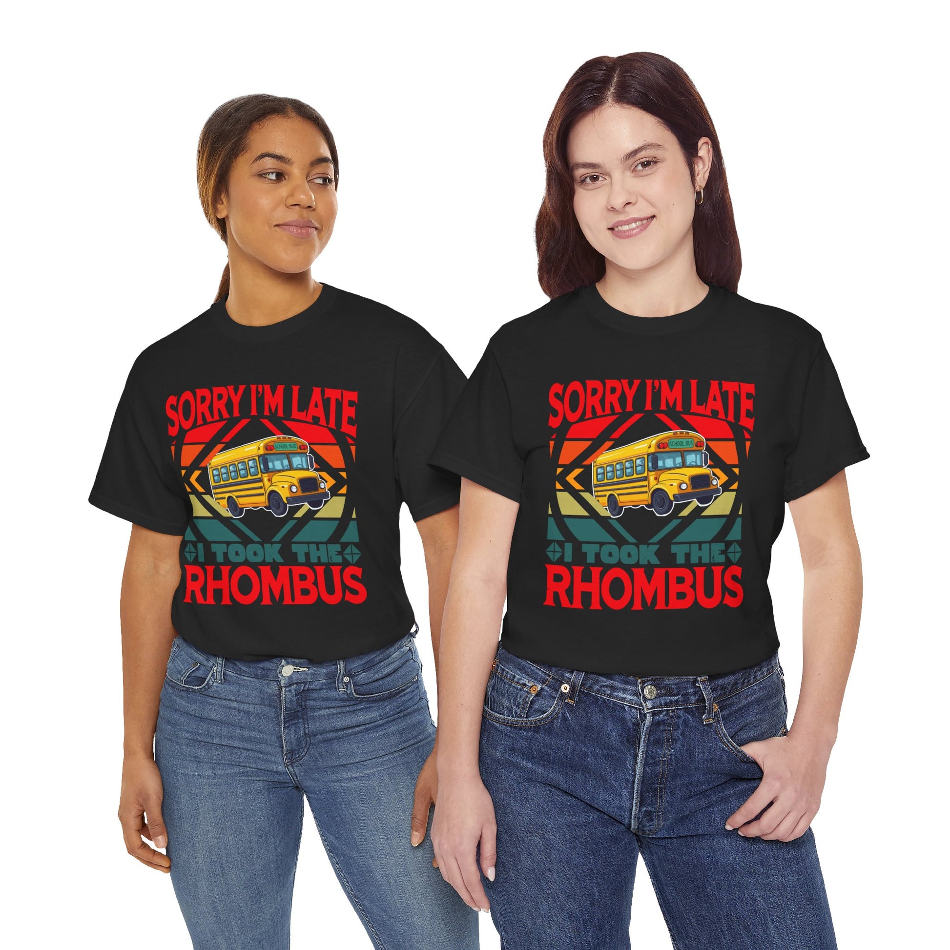 Two women wearing black TEEZOCA retro school bus math pun t-shirts Sorry I'm Late I Took The Rhombus Funny T-Shirt Retro Geometry Math Teacher Gift