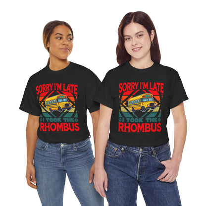 Two women wearing black TEEZOCA retro school bus math pun t-shirts Sorry I'm Late I Took The Rhombus Funny T-Shirt Retro Geometry Math Teacher Gift