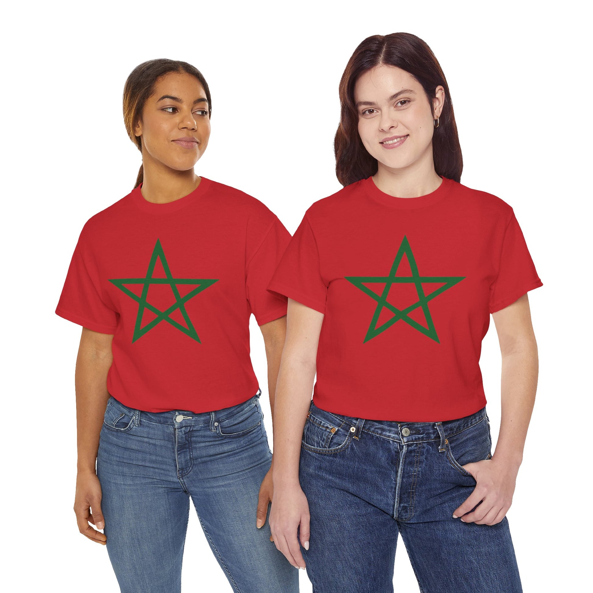 Two women wearing red TEEZOCA Moroccan national pride casual t-shirts ready for match day. Classic Morocco Flag Shirt Moroccan Soccer Supporter Gift for Men and Women