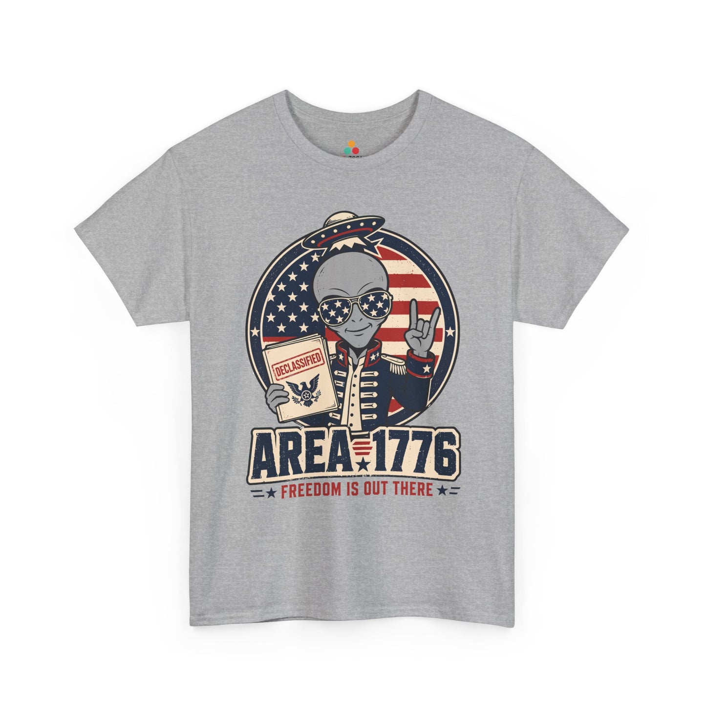 UFO 4th of July T-shirt from TEEZOCA featuring a patriotic alien, declassified folder, and bold freedom-themed graphic.
