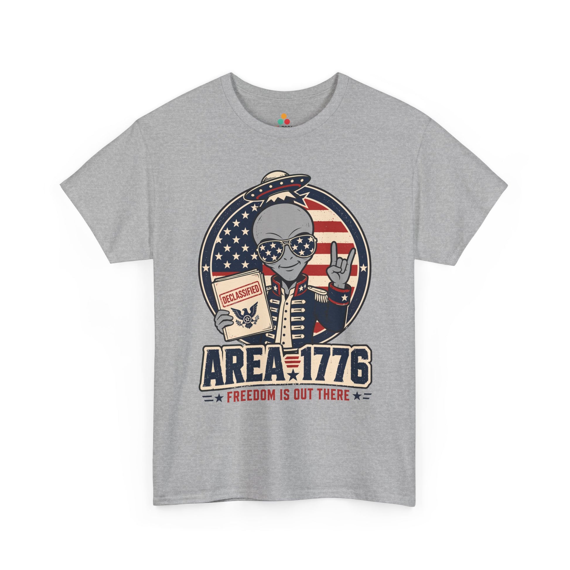 UFO 4th of July T-shirt from TEEZOCA featuring a patriotic alien, declassified folder, and bold freedom-themed graphic.
