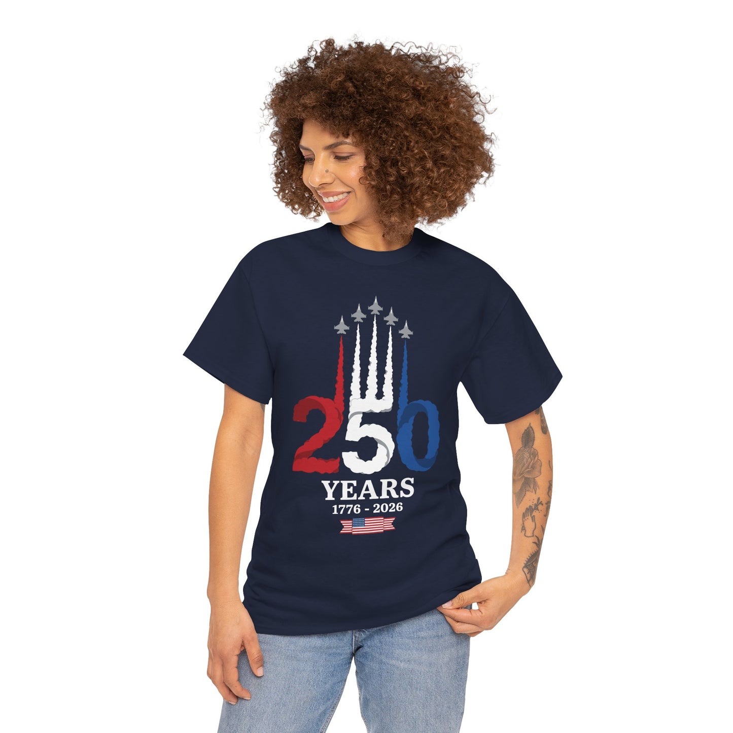 USA 250 Shirt by TEEZOCA with clean fighter jet artwork, patriotic smoke trails, and America 250 anniversary style.
