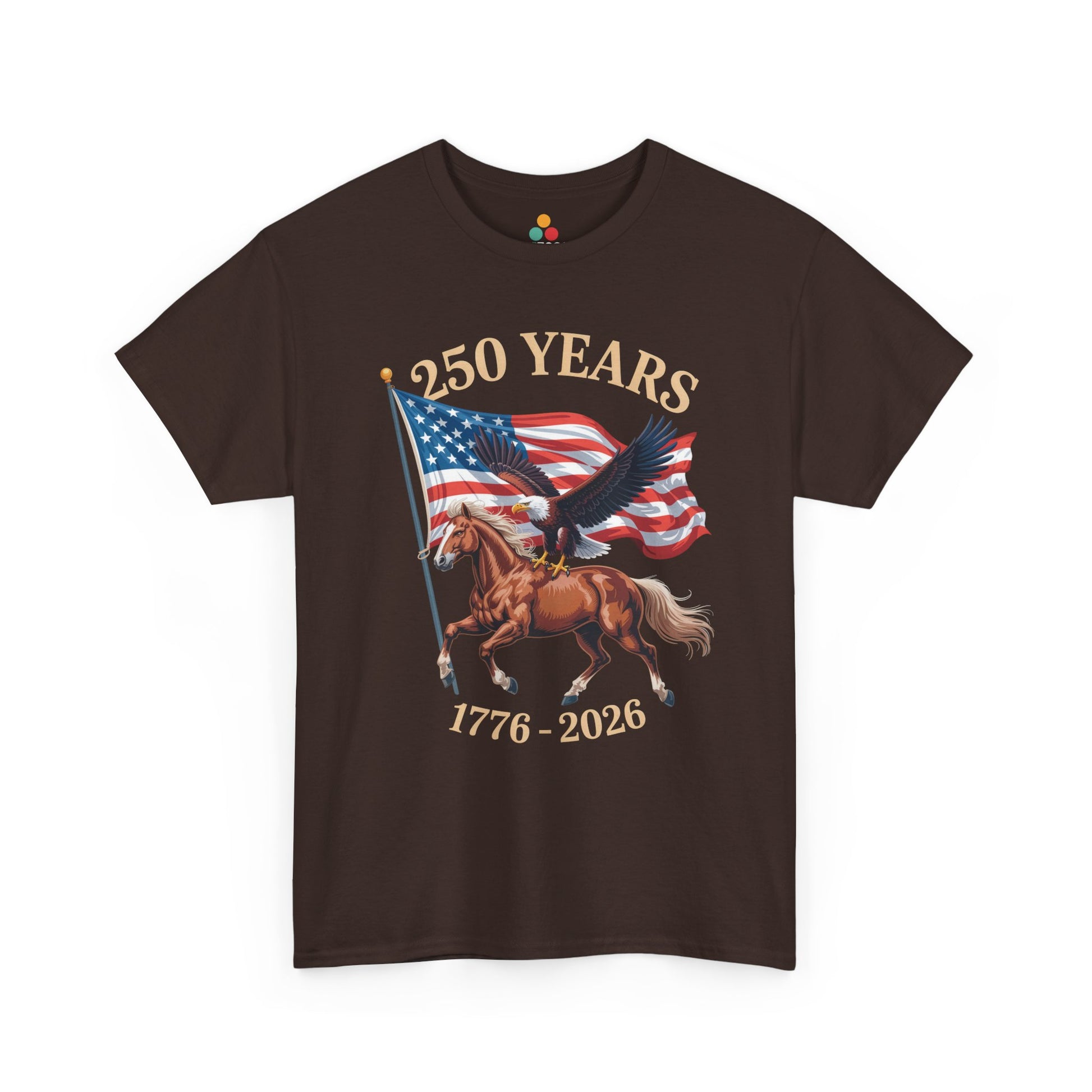 USA 250th Anniversary Shirt t-shirt by TEEZOCA showing a horse rider carrying the American flag beneath an eagle.
